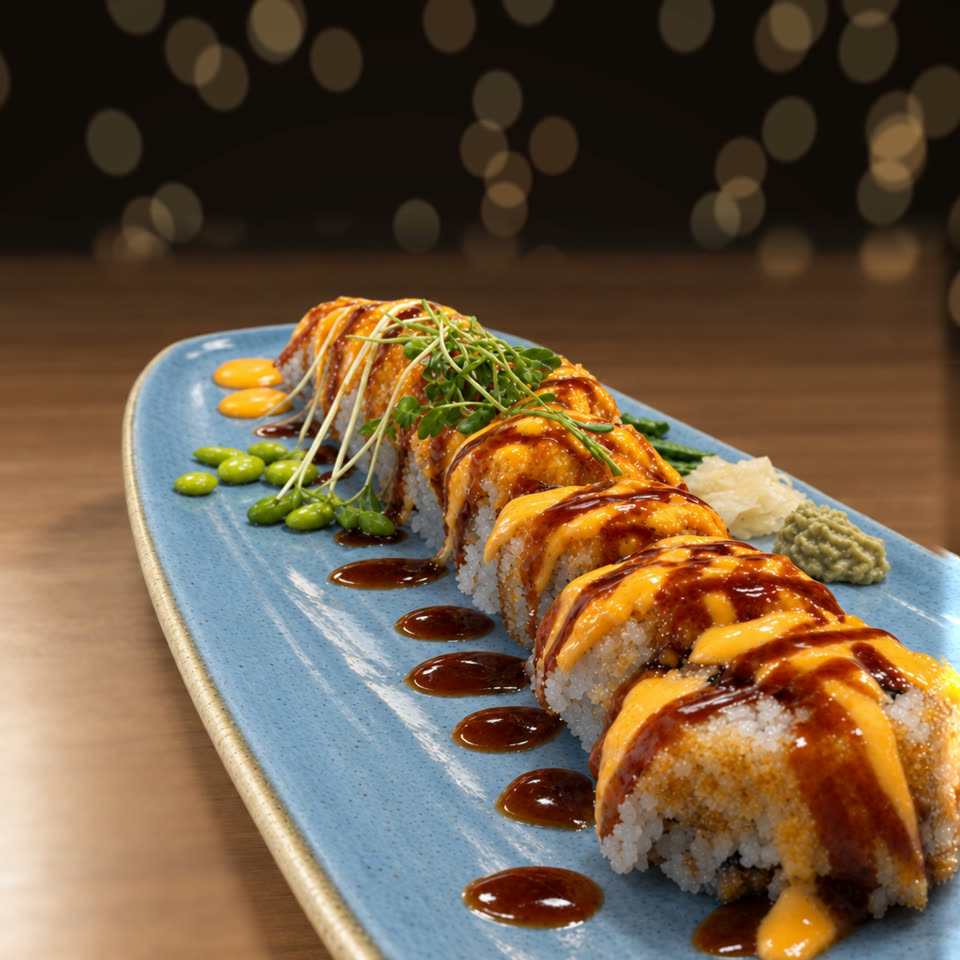 Fertiges KI-Werbefoto des Sushi-Tellers